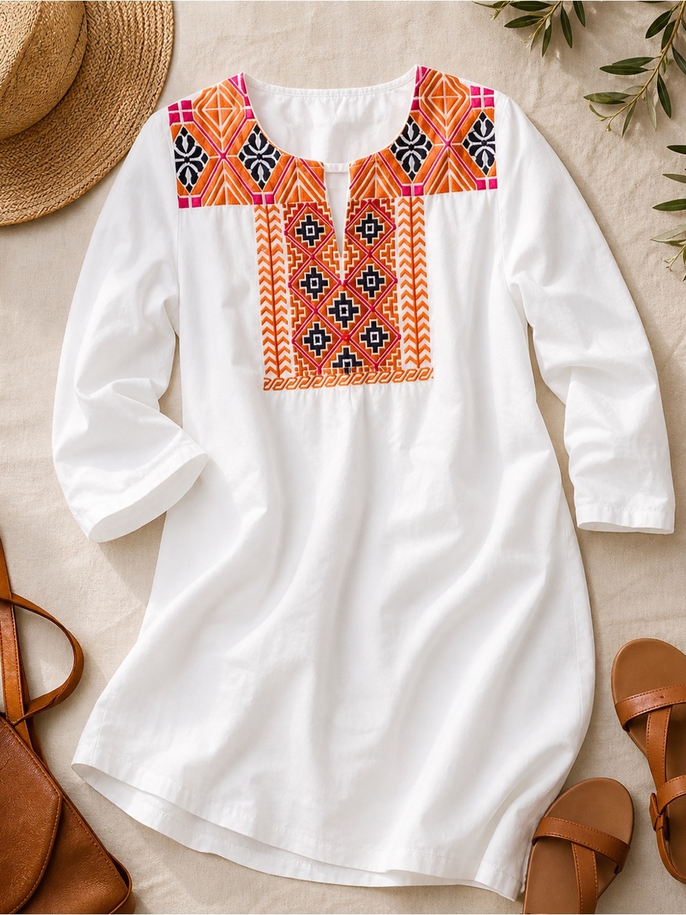 Les Canebiers Embroidered Tunic Dress Cotton Boho Resort White Size 38